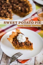 A slice of sweet potato pie sitting on a white dessert plate next to the pie in a pie dish.