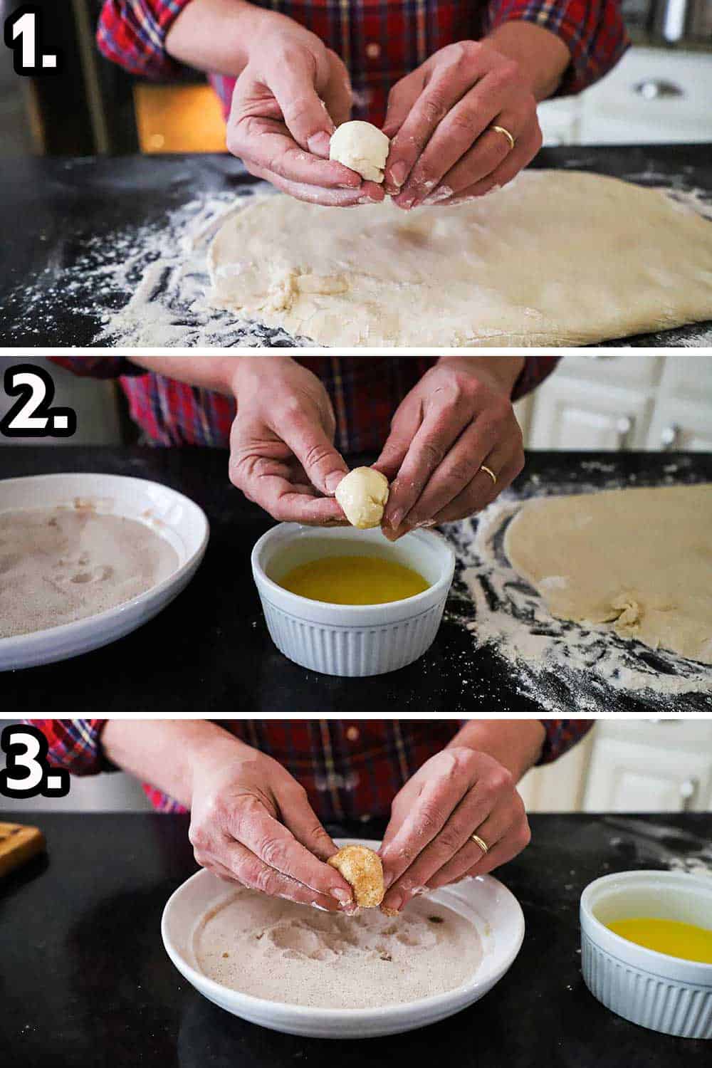 A person forming a ball of dough and then dipping into melted butter and then rolling it in a cinnamon and sugar mixture.