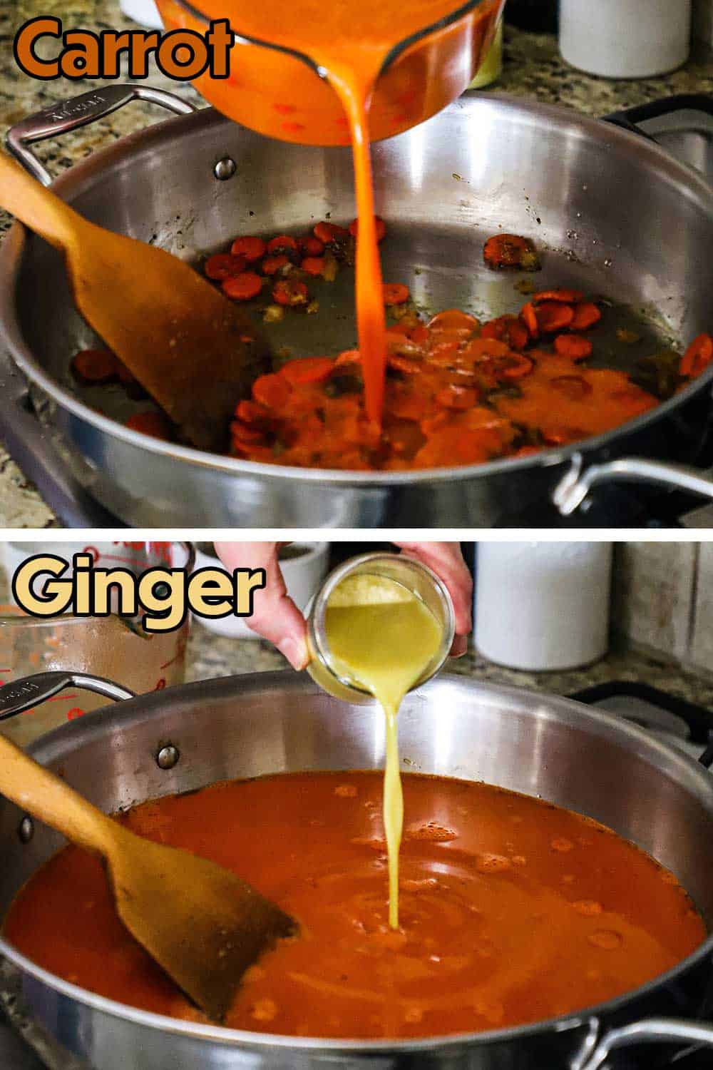 A large glass measuring cup filled with fresh carrot juice being poured into a skillet filled with sautéd carrots and then a small jar of ginger juice being added.