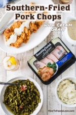 An overhead view of a package of Smithfield boneless pork chops next to a platter filled with five Southern-fried pork chops topped with cream gravy.