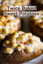 A close-up view of several sweet potatoes that have been baked twice and topped with toasty marshmallows.