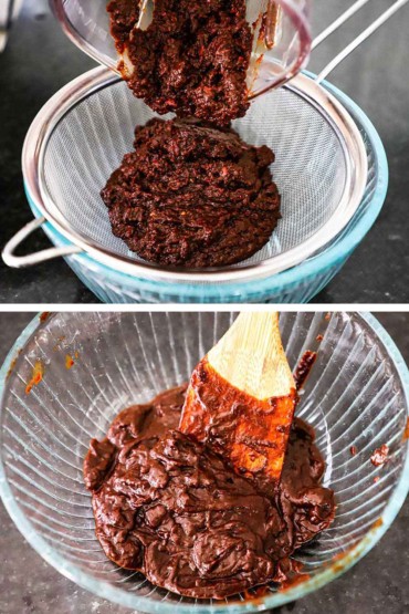 Pureed chilis being transferred from a blender onto a sieve sitting on a glass bowl and then the chilis in the bowl after being passed through the sieve.