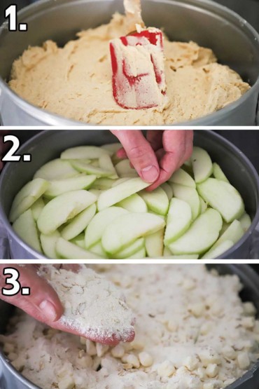 A person using a spatula to spread the cake batter in a springform pan and then layering apple slices over it and then sprinkling on a flour and butter crumble.