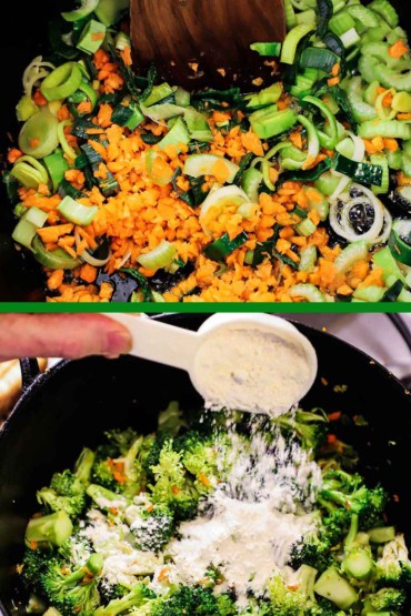 A pot filled with chopped carrots, sliced leeks, and chopped carrots, and then that same pot with flour being sprinkled over the sautéed vegetables including broccoli.