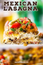 A slice of a Mexican lasagna raised up with a metal spatula.