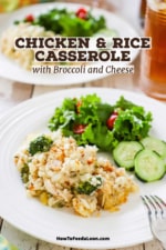 A dinner plate filled with a serving of chicken and rice casserole sitting next to a green leaf salad and several slices of cucumber.