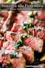 A close up view of sliced bistecca alla Fiorentina with sautéed herbs and minced garlic drizzled over the top.