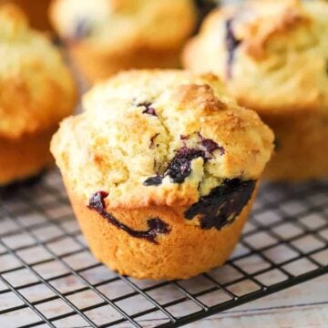 A straight-on view of a lemon blueberry jumbo muffin sitting on a baking rack with other muffins in the background.