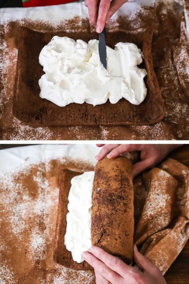 Two images with the first being a person using a spatula to spread whipped cream over an unrolled chocolate sponge cake and then the cake being rolled up.