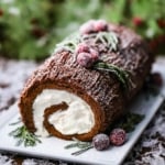 A straight-on view of a yule log that is sitting on a rectangular white platter and is topped with sugared cranberries and sprigs of rosemary all topped with sprinkled powdered sugar.