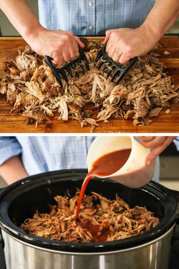 Two images with the first being a person using plastic bear claws to shred cooked pulled pork and then another shot of the pork in a slow cooker with Carolina sauce being poured over it.