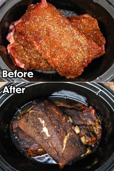 Two images with the first being two racks of baby back ribs that have a BBQ rub all over them in a slow cooker and then the next after the ribs have slow cooked all day.