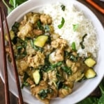 An overhead view of a shallow white bowl filled on one side with Thai green curry chicken and the other side with steamed Jasmine rice and topped with chopped Thai basil.
