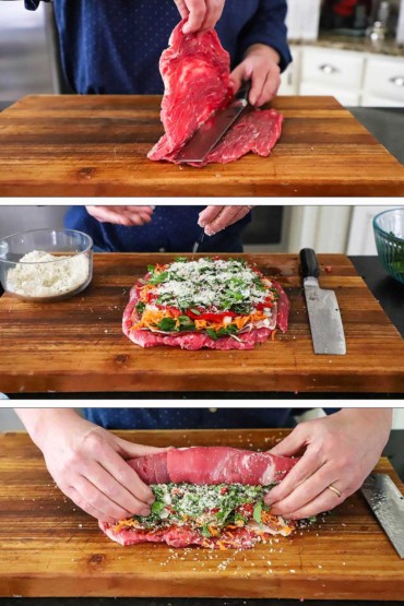 Three images with the first a person butterflying open a flank steak and then topping it with vegetables, herbs, and breadcrumbs, and then rolling it up.