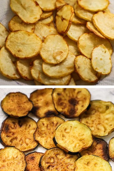 Two images with the top one being lightly fried thin medallions of potatoes and the bottom is eggplant medallions that have been lightly fried.