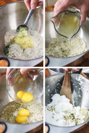 Four images with the first a person adding schmaltz to a bowl of matzo meal and then that person pouring in chicken broth, and then four eggs yolks, and then whipped egg whites.