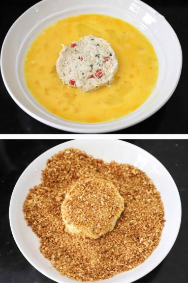 Two images with the first being a crab cake resting in a bowl filled with an egg wash and then the next is the crab cake that is in a bowl filled with toasted breadcrumbs.