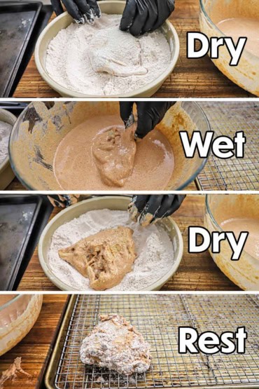 Four images with the first a chicken thigh being dredged in flour and then in a wet batter then flour again and then resting on a baking rack.