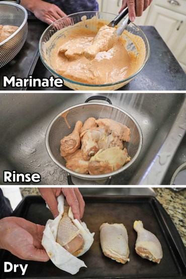Three images starting with a person using tongs to remove a chicken leg from a bowl of seasoned buttermilk and then chicken being rinsed in a sine then a person patting the chicken dry with paper towels.