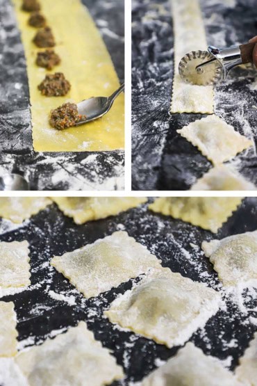 Three images with the first being a meat mixture being spoon onto a strip of a rectangular strip of homemade pasta, and then a pasty cutter being used to cut the uncooked ravioli into individual pieces and then all the ravioli on a floured baking pan.