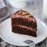 A single slice of classic chocolate cake sitting upright on a white dessert plate.