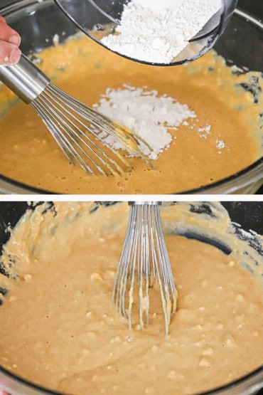 Two images with the first being a person transferring flour into a glass bowl that is filled with a pumpkin waffle batter and then the next image is the batter fully mixed together with a wire whisk.
