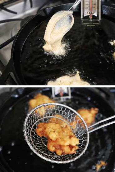 Two images with the first being a spoonful of apple fritters dough being dropped into a skillet filled with hot oil and then an image of the fried fritter being lifted from the oil with a metal spider.