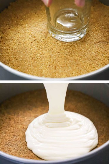 Two photos with the first a person using the bottom of a glass cup to press on a graham cracker crust in a springform pan and then a shot of cheesecake batter being poured onto the crust.