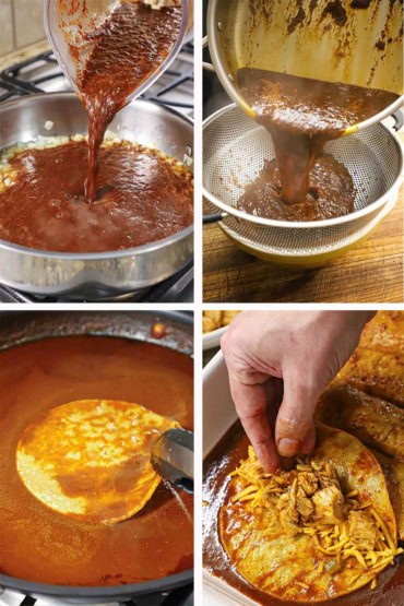 Four photos with the first being a puréed pepper sauce being poured into a skillet and then the sauce being strained through a colander, then a corn tortilla being submerged in the sauce and then finally person building an enchilada.