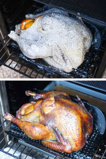 Two images with the first being a whole turkey resting on a rack that is on a grate inside an electric smoker and then the second image is after the turkey has been smoked and fully cooked.