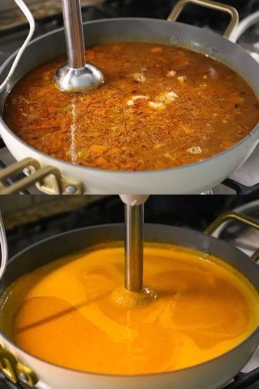 Two images with the first a close-up view of a large skillet filled with a broth and chunks of cooked vegetables, rice, and lobster chunks with an immersion blender in it and then the next is the same skillet after everything has been blended.