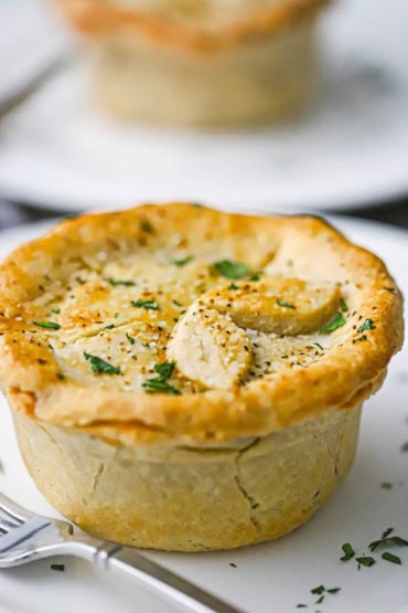 A straight-on view of a homemade chicken pot pie that has not been broken into and is sprinkled with coarse sea salt, black pepper, and finely chopped parsley.