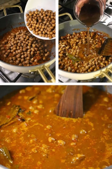 Three images with the first being soaked chickpeas being transferred into a large skillet filled with simmering puréed tomatoes, and then the soaking broth being poured in, and then a wooden spatula being used to stir the mixture.