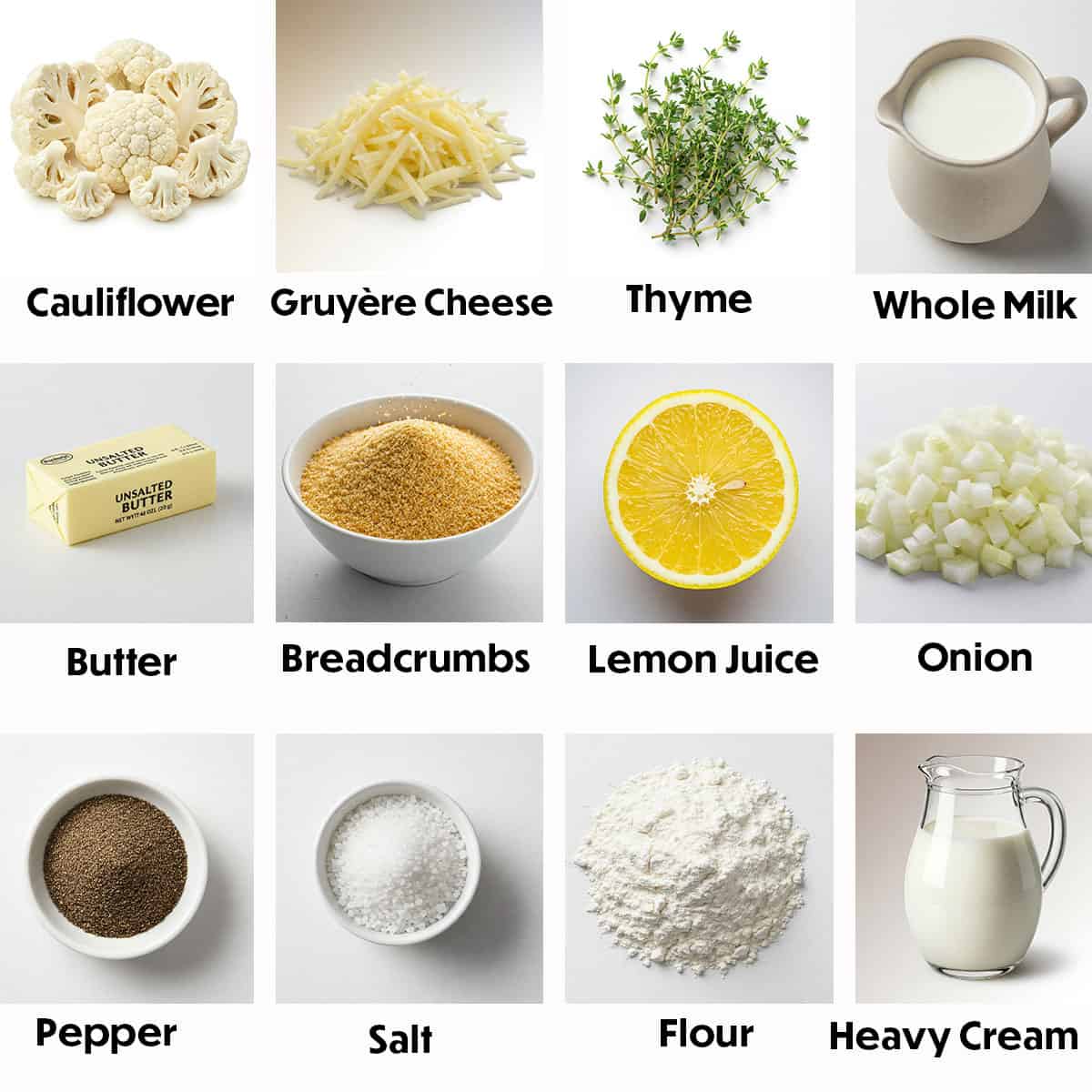 A colorful collage of ingredients for creamy cauliflower gratin, featuring fresh cauliflower florets, creamy cheese, butter, heavy cream, garlic, breadcrumbs, and seasonings, all arranged on a wight background.