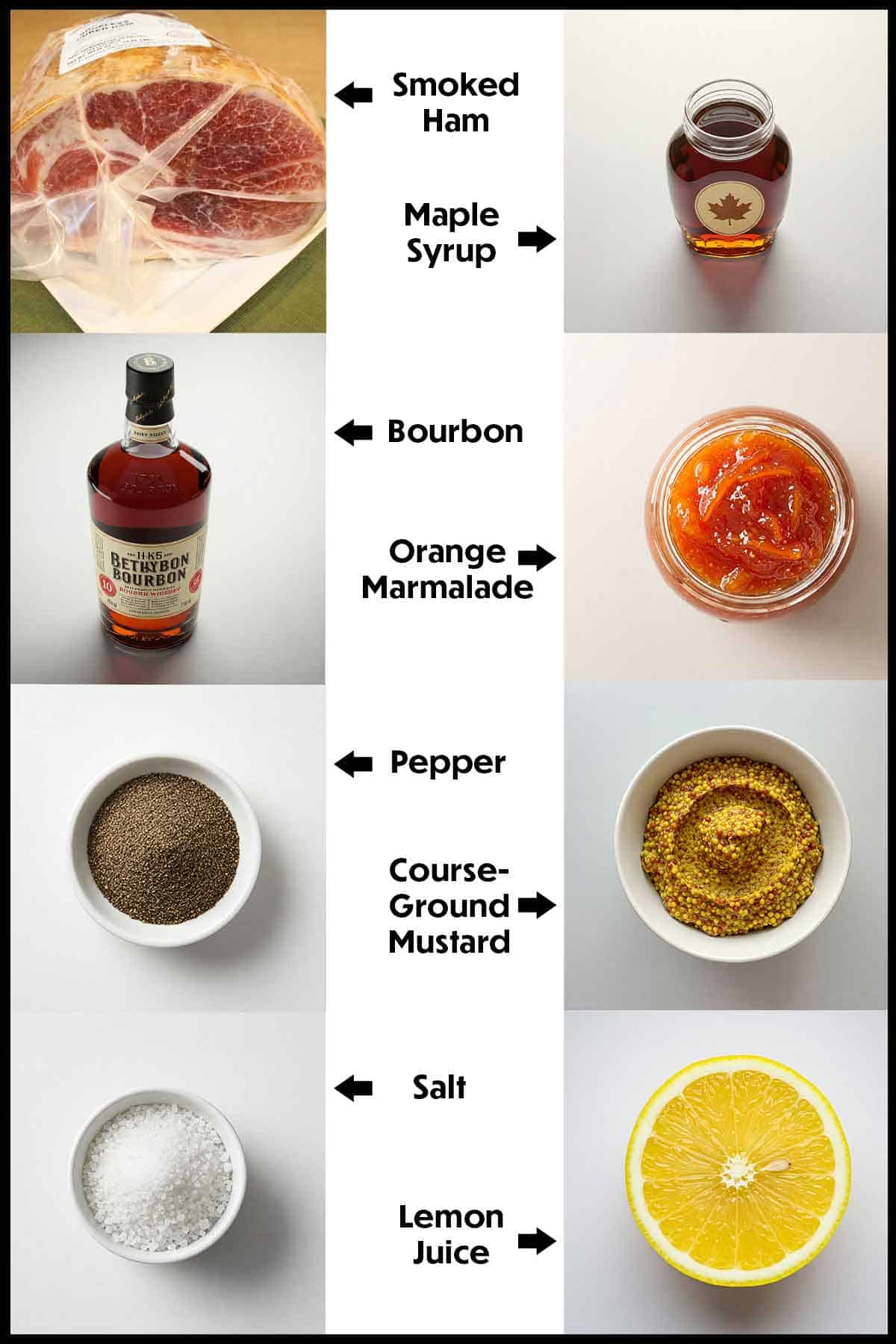 An organized display of ingredients for holiday glazed ham, featuring a bottle of bourbon, a jar of orange marmalade, a container of coarse mustard, and a bottle of maple syrup, all artfully arranged on a light background.