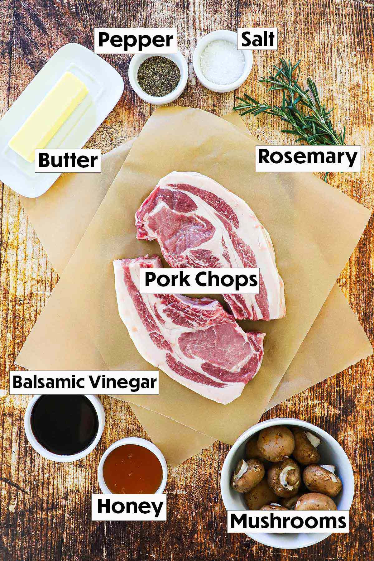 A collage of ingredients for Pork Chop Agrodolce with Mushrooms, featuring Mangalitsa pork chops, fresh mushrooms, balsamic vinegar, honey, butter, and herbs, all arranged on a rustic wooden surface.
