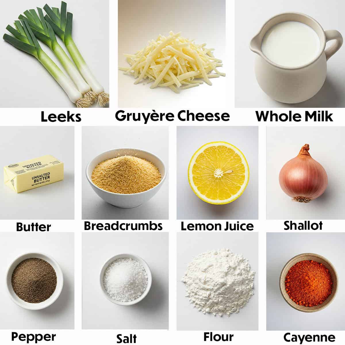 A colorful collage of ingredients for Baked Leek Gratin, featuring fresh leeks, creamy cheese, butter, heavy cream, breadcrumbs, garlic, and fresh herbs, all with a simple white background. 