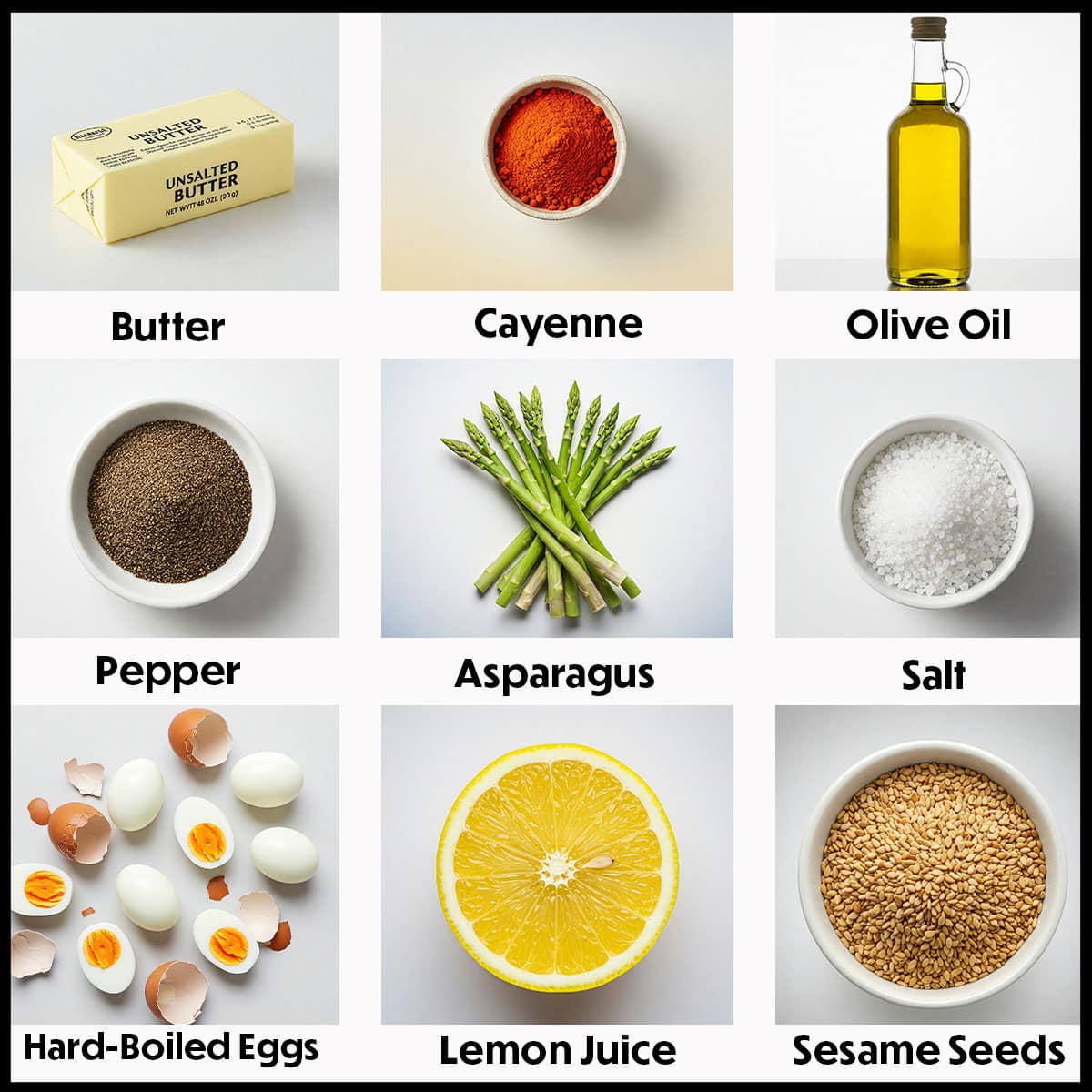 A vibrant collage of ingredients for roasted asparagus with chopped eggs in a sesame lemon vinaigrette, featuring fresh asparagus, hard-boiled eggs, sesame oil, lemon juice, garlic, and seasonings, all artfully arranged on a light background.