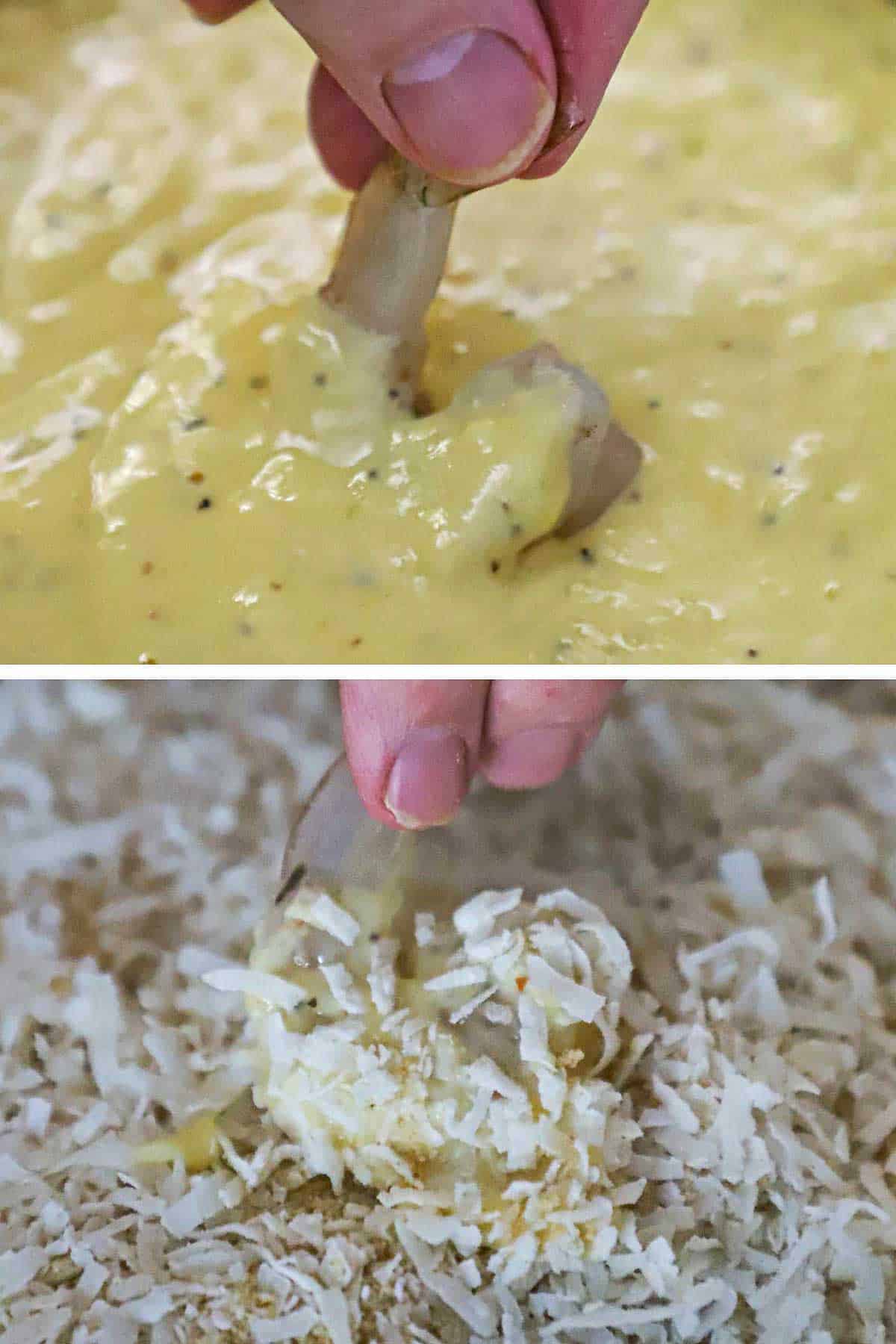 Two images with the first being a person plunging an uncooked peeled shrimp into a thick batter and then that shrimp being dredged in a coconut breadcrumb mixture.