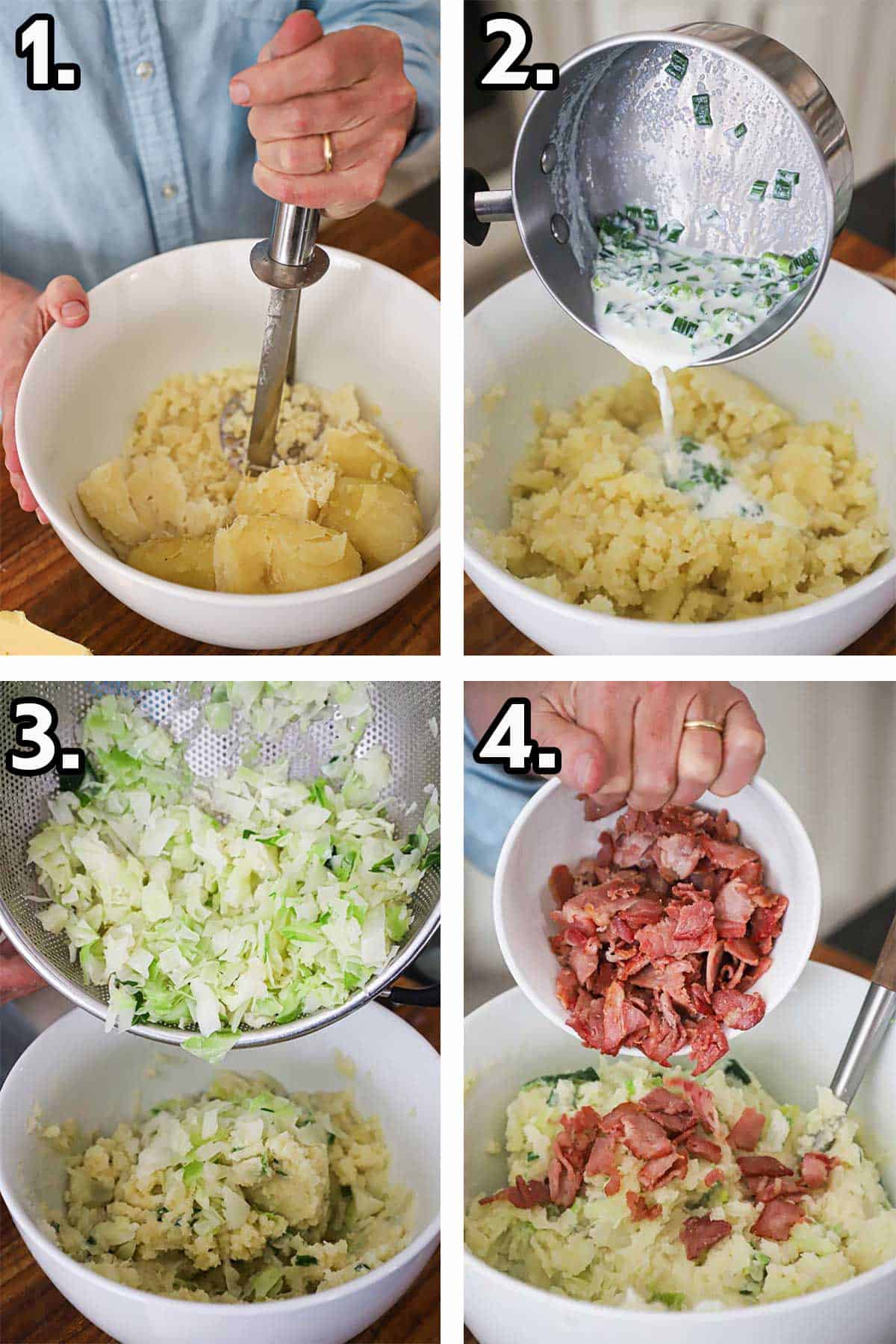 Four images with first being a person mashing cooked potatoes with a masher and then the person pouring in cream with scallions, then adding in cooked chopped cabbage, and then topping with crispy pieces of back bacon.