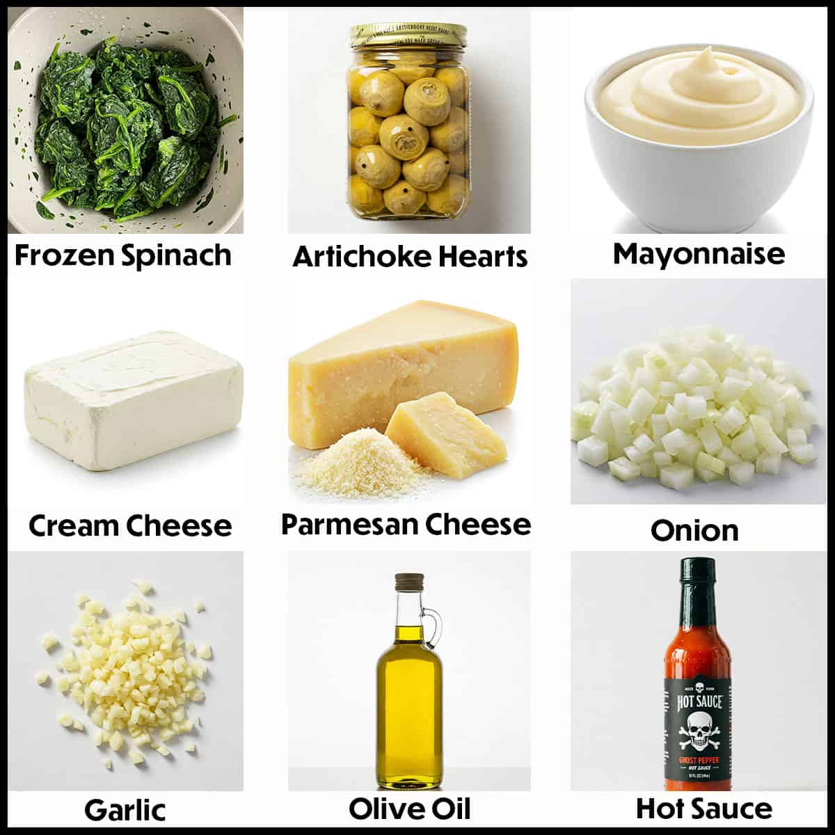 Three rows of ingredients for classic spinach and artichoke dip including frozen spinach, artichoke hearts, mayonnaise, cream cheese, Parmesan cheese, onion, garlic, olive oil, and a bottle of hot sauce.