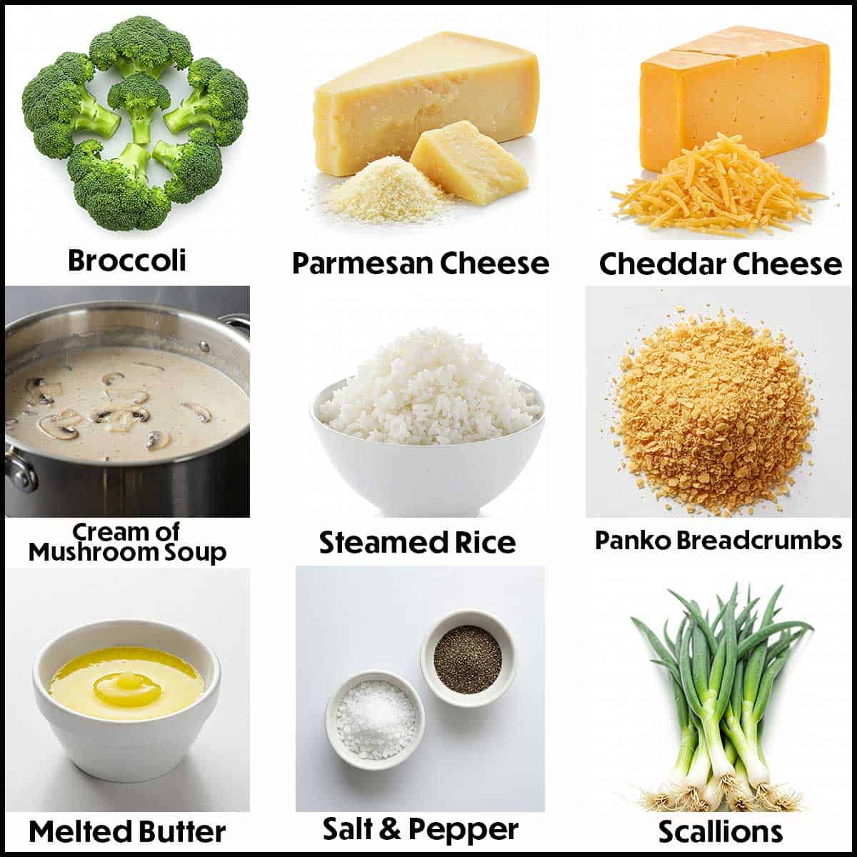 A collection of ingredients on a white background for broccoli casserole with cheddar and rice including broccoli florets, shredded cheese, mushroom soup, rice, melted butter, and scallions. 