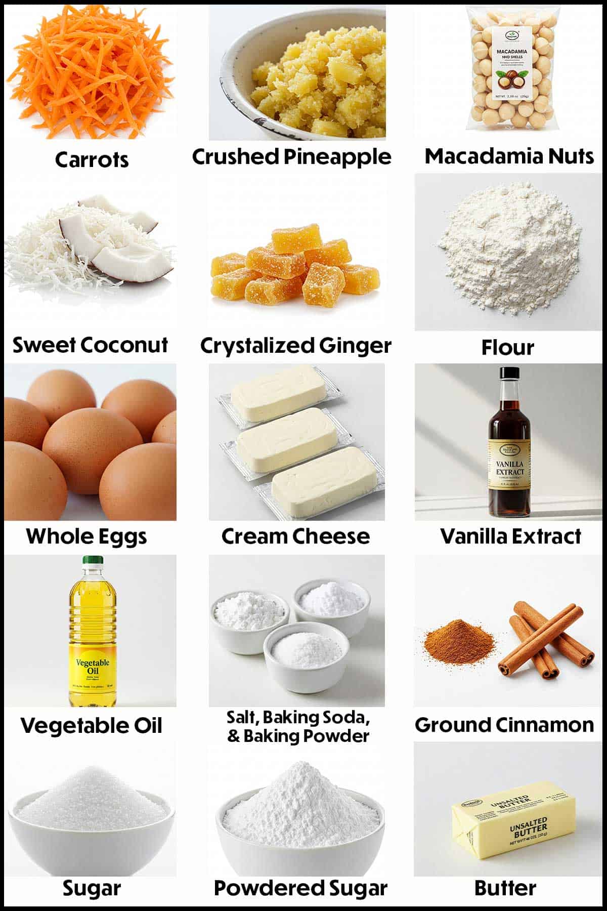 Three rows of images of ingredients for carrot cake including flour, carrots, coconut, flour, eggs, and cream cheese. 