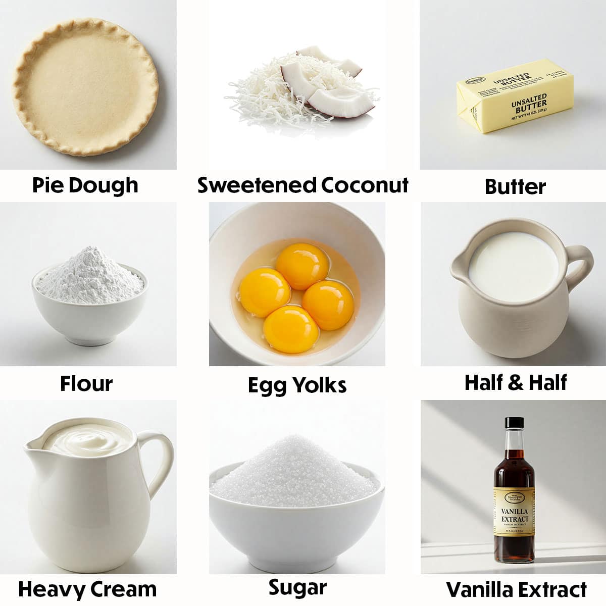 An arrangement view ingredients for coconut cream pie arranged on a white background, including a pile of shredded coconut, a a jug of heavy cream, milk, a jar of vanilla extract, sugar, cornstarch, and a pre-baked pie crust, all neatly organized for easy preparation.