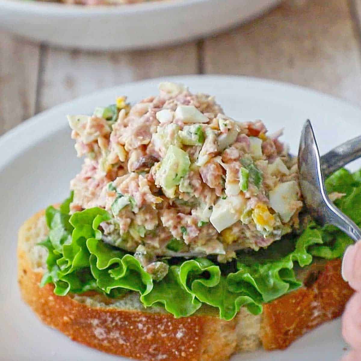 A white plate topped with a thick slice of white bread topped with a layer of green leaf lettuce and a serving of ham salad. 