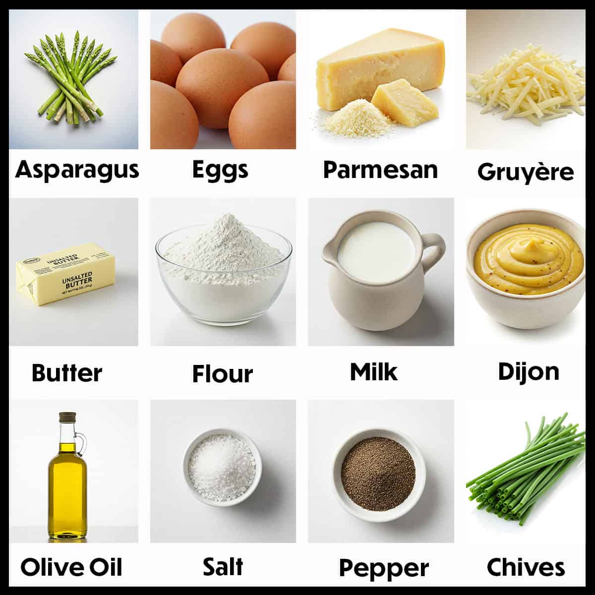 An arrangement of ingredients on a white background for cheese soufflé with asparagus including asparagus, eggs, cheese, butter, flour, milk, chives, and seasonings.