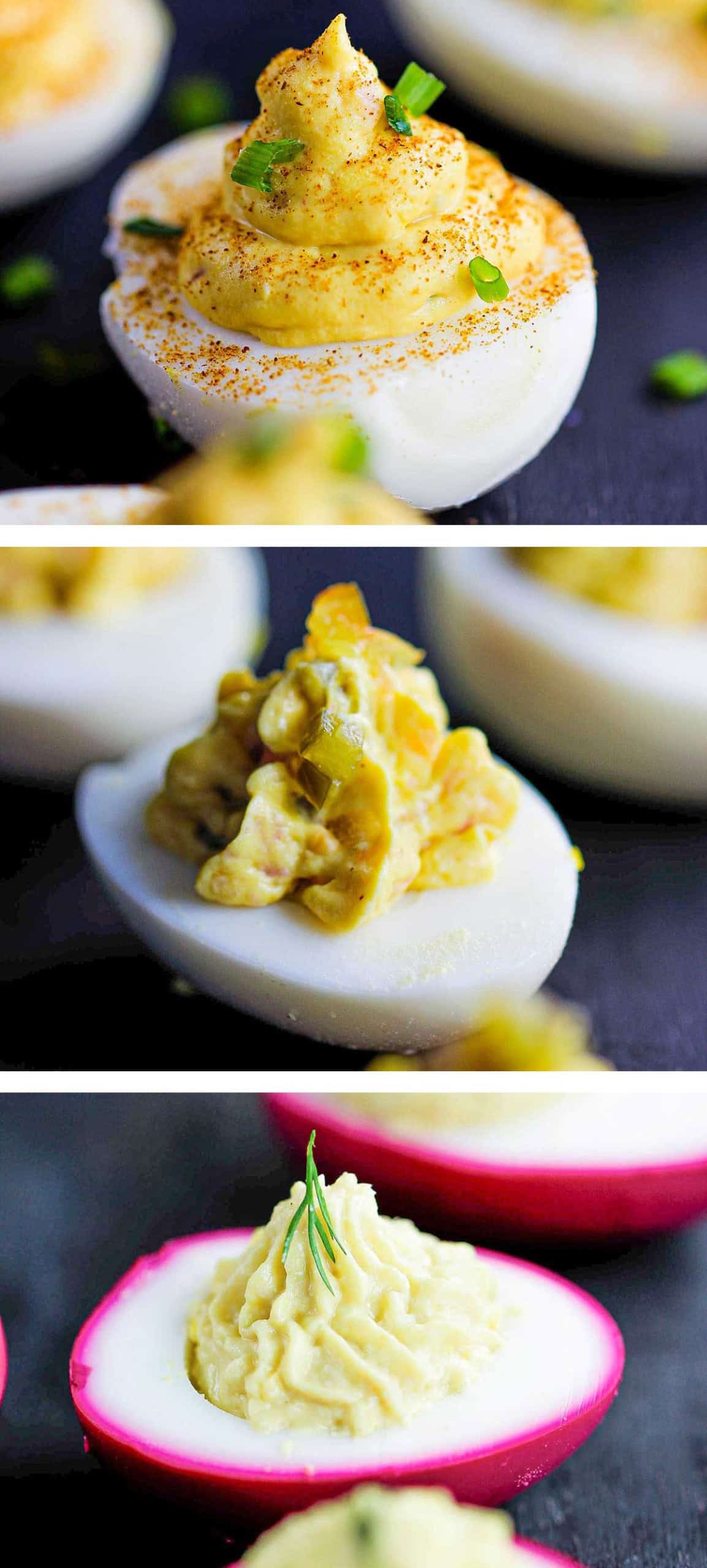 One image showing deviled eggs (3 ways) with a traditional deviled egg, ham and cheese deviled eggs, and horseradish beet deviled egg. 