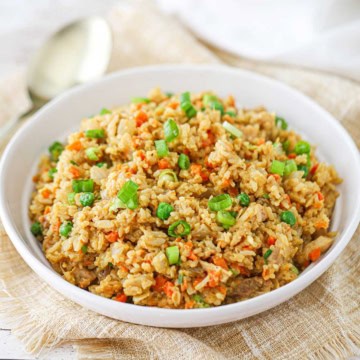 A shallow white ceramic bowl filled with a serving of chicken fried rice topped with chopped scallions and a serving spoon nearby.