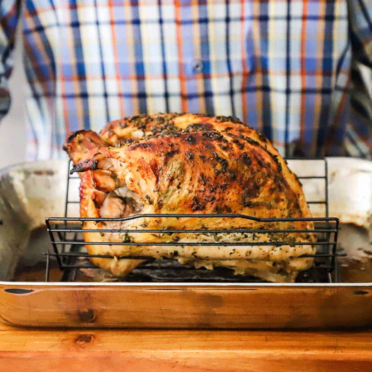 A person standing behind a silver roasting pan that is fitted with a roasting rack with a fully cooked roast turkey with herbs on it.