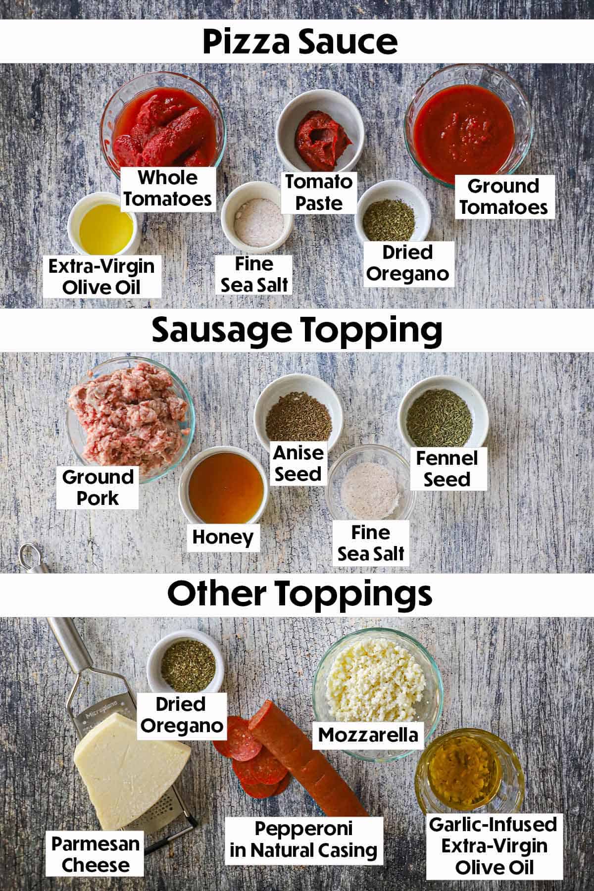 An arrangement of ingredients for New York-style pizza toppings on a wooden grey background including tomato sauce, ground pork, mozzarella, pepperoni, and seasonings.